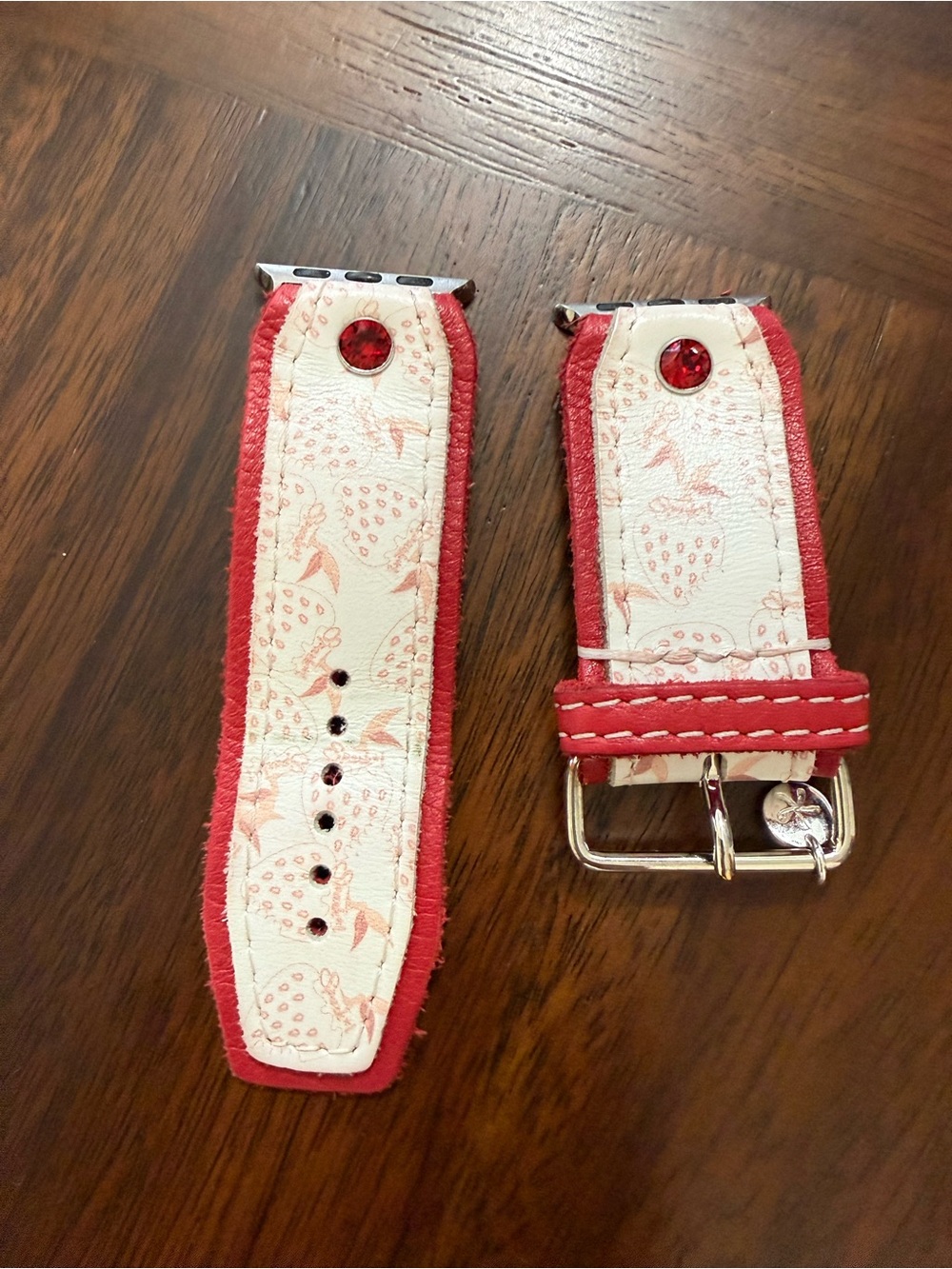Red & Cream Strawberry Print Watch Band with Red Gem Accents Sparkl Watch Band. - Picture 5 of 5